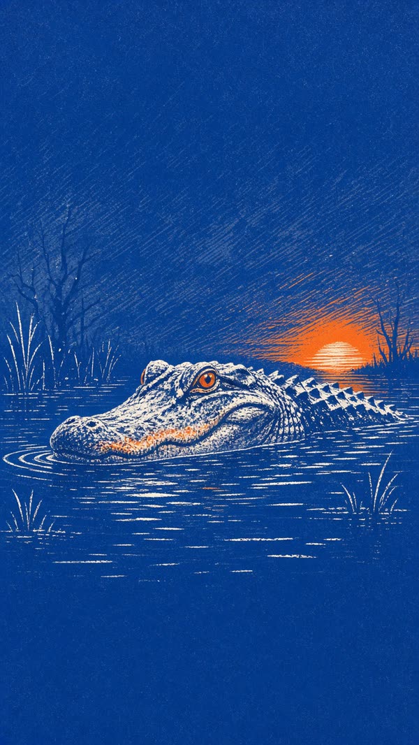 Alligator in a Florida swamp at sunset